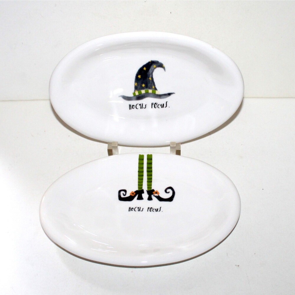 2 Rae Dunn Magenta Halloween oval appetizer plates Hocus Pocus Witch hat boots